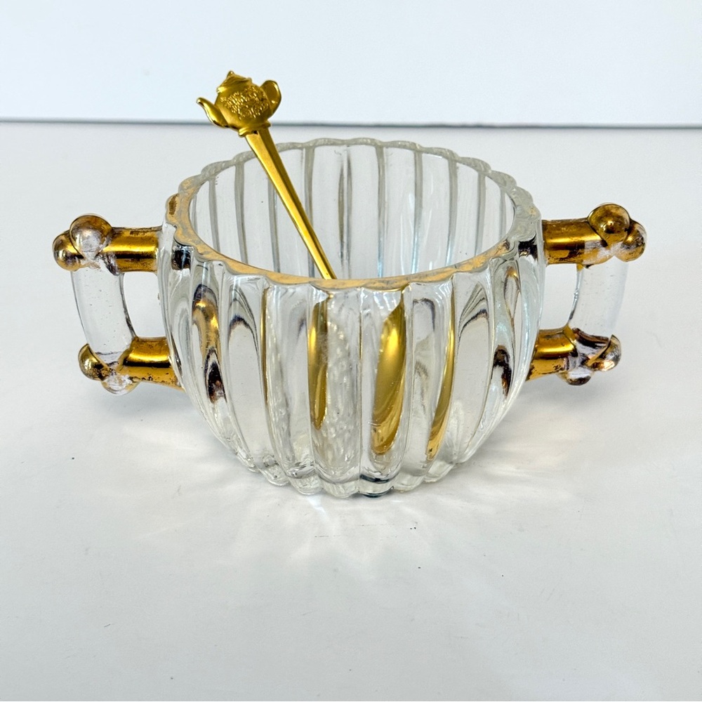 Vintage Jeannette Clear Glass Gold Trim Ribbed Sugar Bowl With Spoon